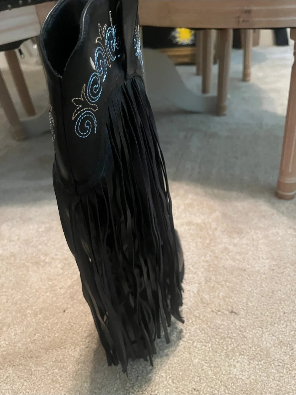 Fringed Embroidered Black Over-the-Knee Boots